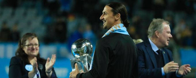 Zlatan Ibrahimovic presents Malmo with Swedish league trophy