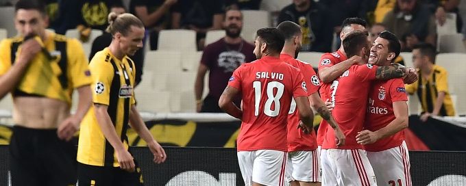 Ten-man Benfica squander two-goal lead, then snatch win at AEK Athens