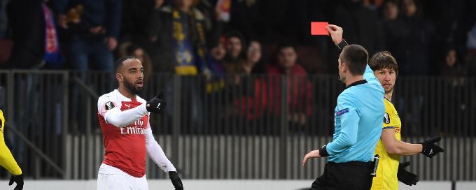 Arsenal's Alexandre Lacazette sees red in shock Europa loss to BATE