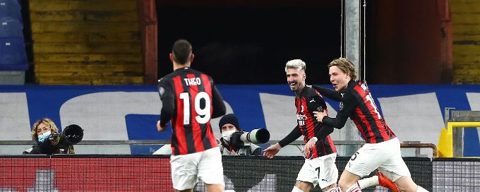 Milan battle to 2-1 win at Sampdoria to stay top of Serie A table