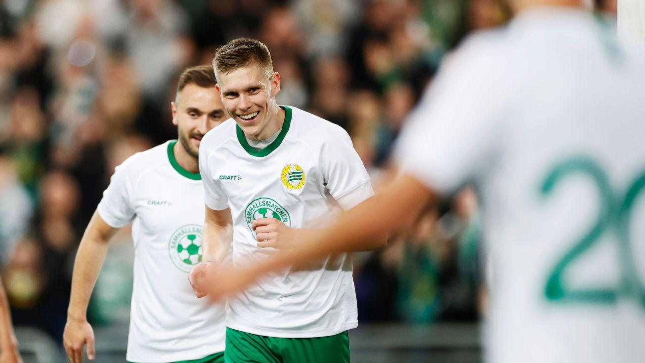 Aron Johannsson celebrates after scoring a goal for Swedish side Hammarby.
