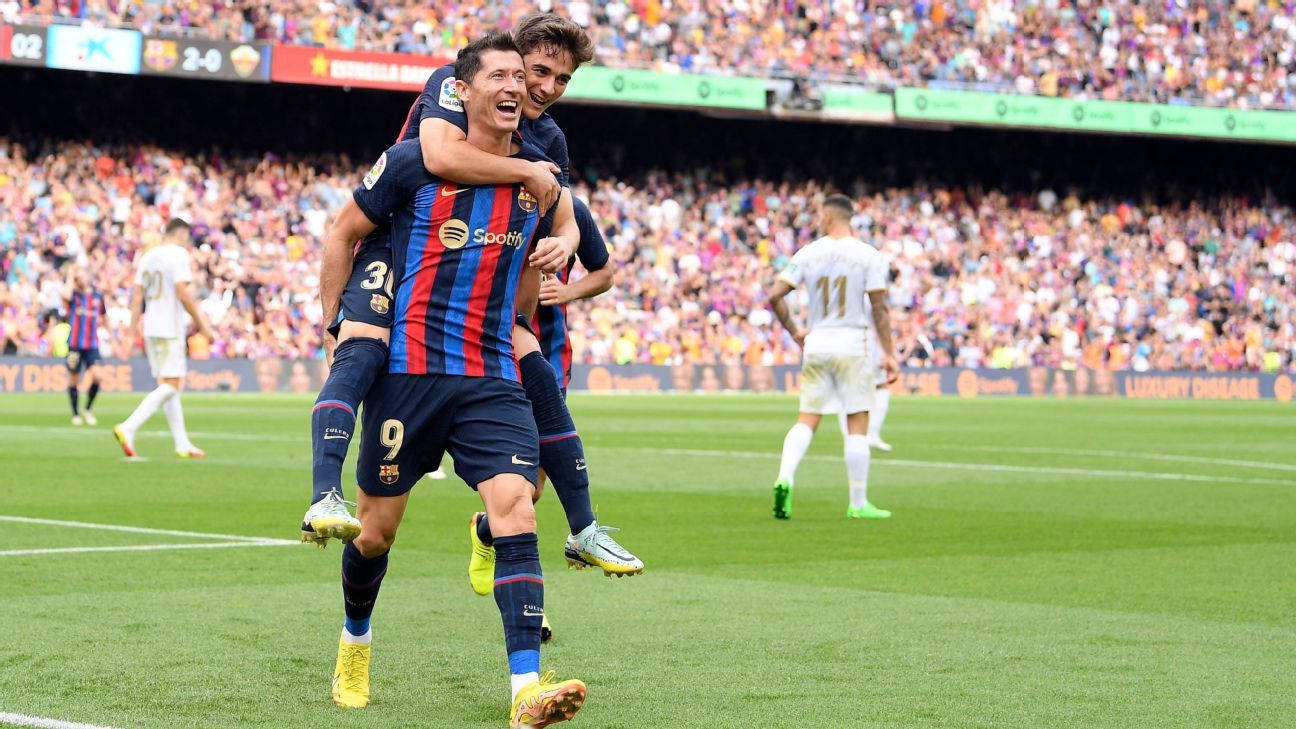 Lewandowski’s latest brace sends Barcelona top of LaLiga as Elche stay winless