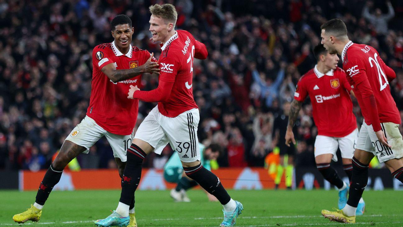 Manchester United players celebrate after scoring a goal against Omonia Nicosia in Europa League.