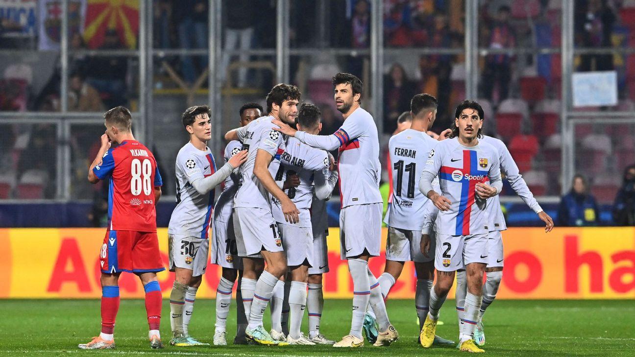 Barcelona players celebrate after scoring a goal against Viktoria Plzen in the Champions League.