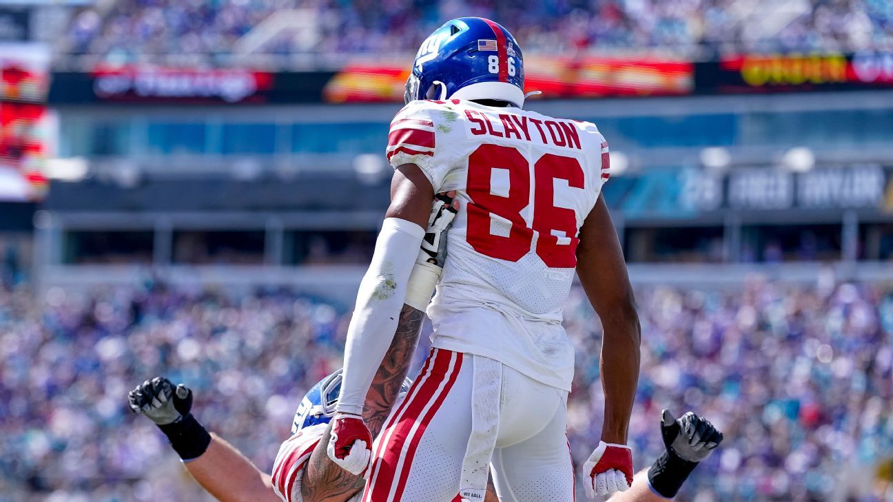<div>Darius Slayton's leaping catch sets up Giants touchdown</div><div class='code-block code-block-8' style='margin: 20px auto; margin-top: 0px; text-align: center; clear: both;'>
<!-- GPT AdSlot 4 for Ad unit 'zerowicketARTICLE-POS3' ### Size: [[728,90],[320,50]] -->
<div id='div-gpt-ad-ArticlePOS3'>
  <script>
    googletag.cmd.push(function() { googletag.display('div-gpt-ad-ArticlePOS3'); });
  </script>
</div>
<!-- End AdSlot 4 -->
</div>
