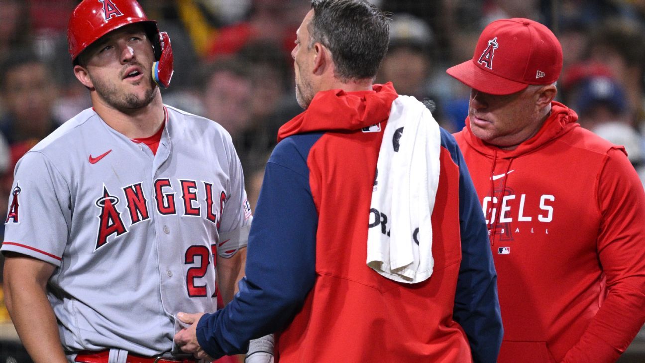 The Angels’ Mike Trout is out with an injured wrist and awaiting test results