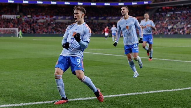 Spain's Gavi celebrates after scoring a goal against Norway in European Championship qualifying.