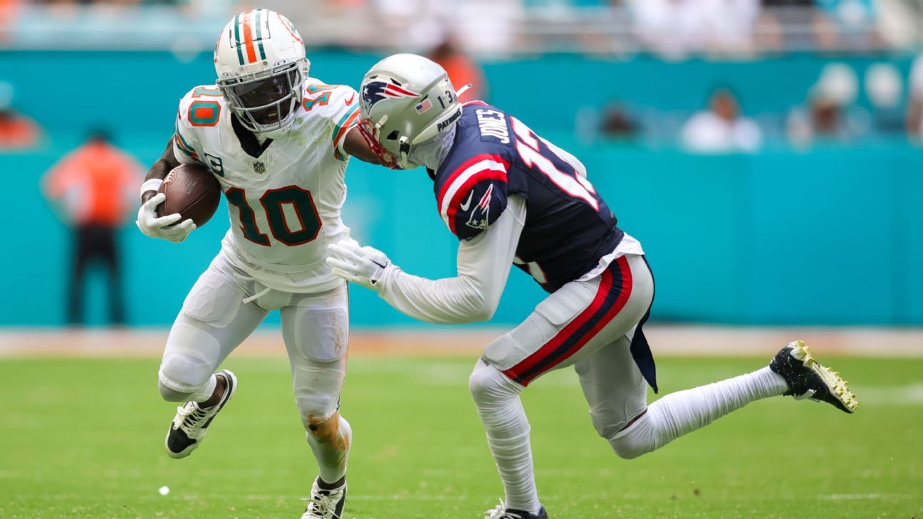 Zespół Dolphins Tyreek Hill jest w połowie drogi do bramki z gry z odległości 2 km w 8 meczach