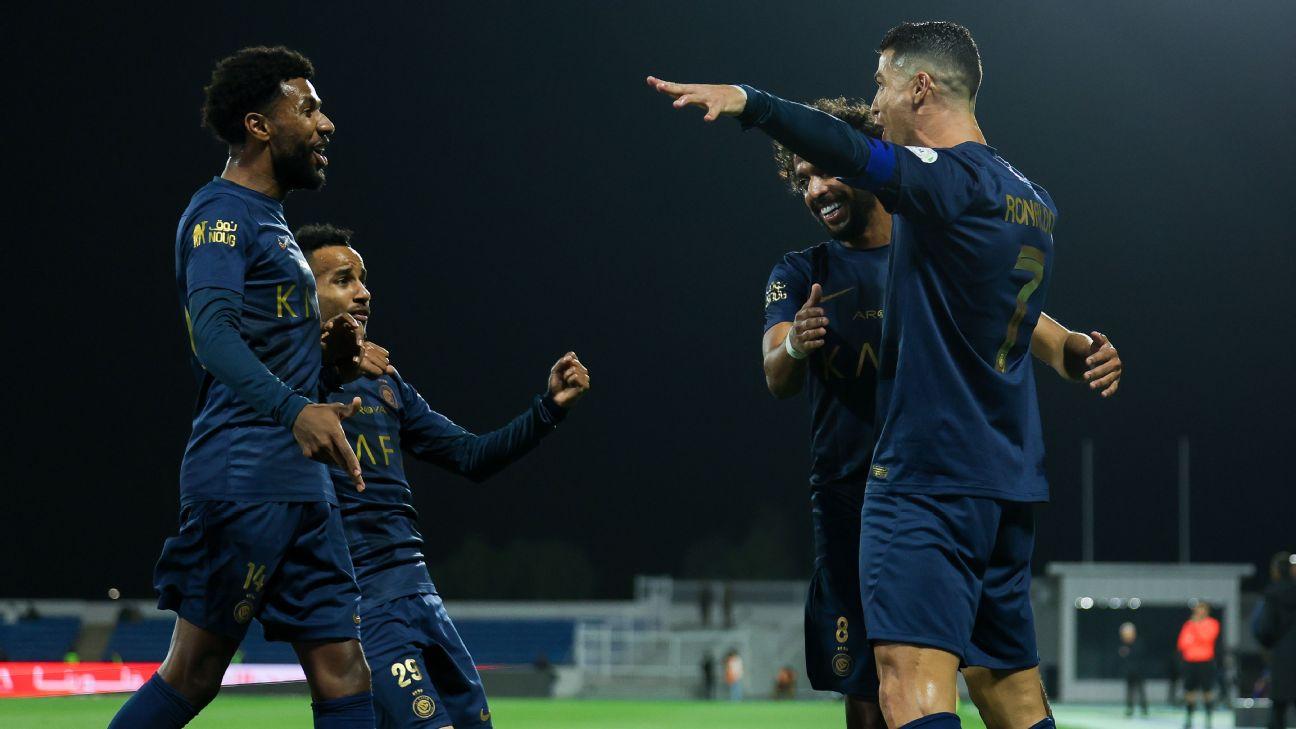 Cristiano Ronaldo celebrates after scoring a goal for Al Nassr against Abha in the Saudi Pro League.