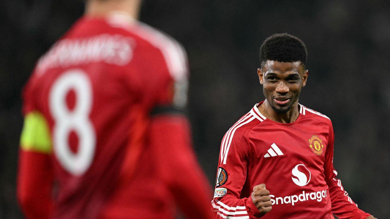Amad Diallo celebrates after scoring a goal for Manchester United in the Europa League.
