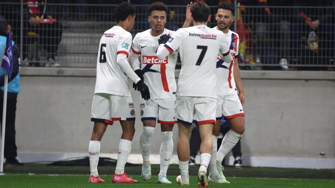 PSG players celebrate after scoring a goal against Le Mans in the French Cup.