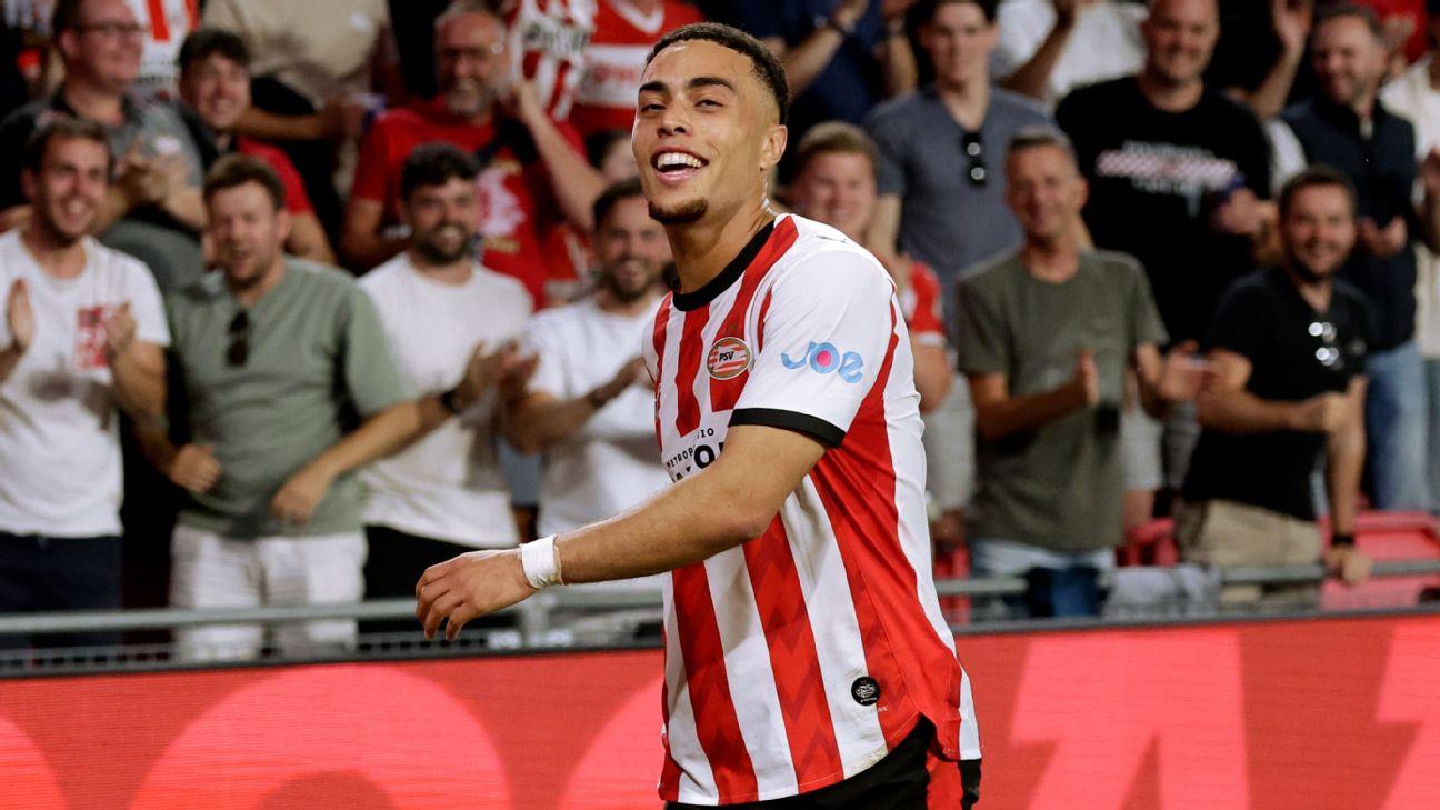 Sergiño Dest celebrates after scoring in PSV Eindhoven's 6-1 win over Sparta Rotterdam.