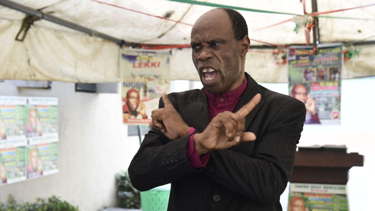 Former Super Eagles and Internazionale defender Taribo West, now a pastor (pictured here at a protest about alleged NFF corruption), was furious over the treatment of former Nigeria players, and vented his ire at the funeral of Peter Rufai.