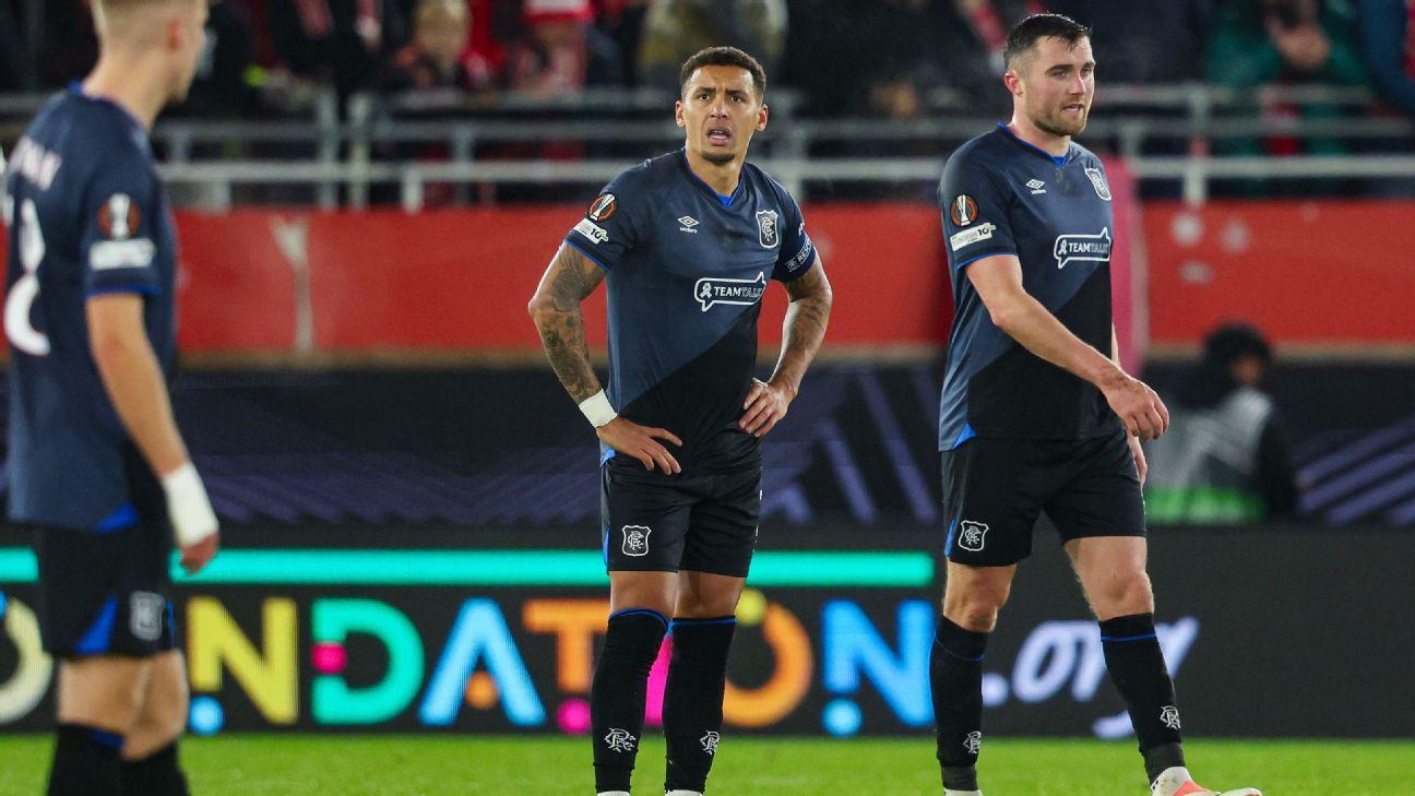 Rangers players react during their Europa League loss to SK Brann on Thursday.