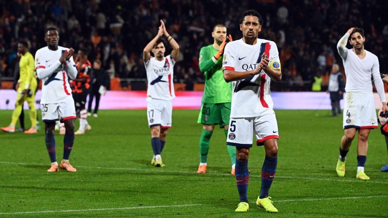 PSG players applaud the away supporters after drawing with Lorient in Ligue 1.