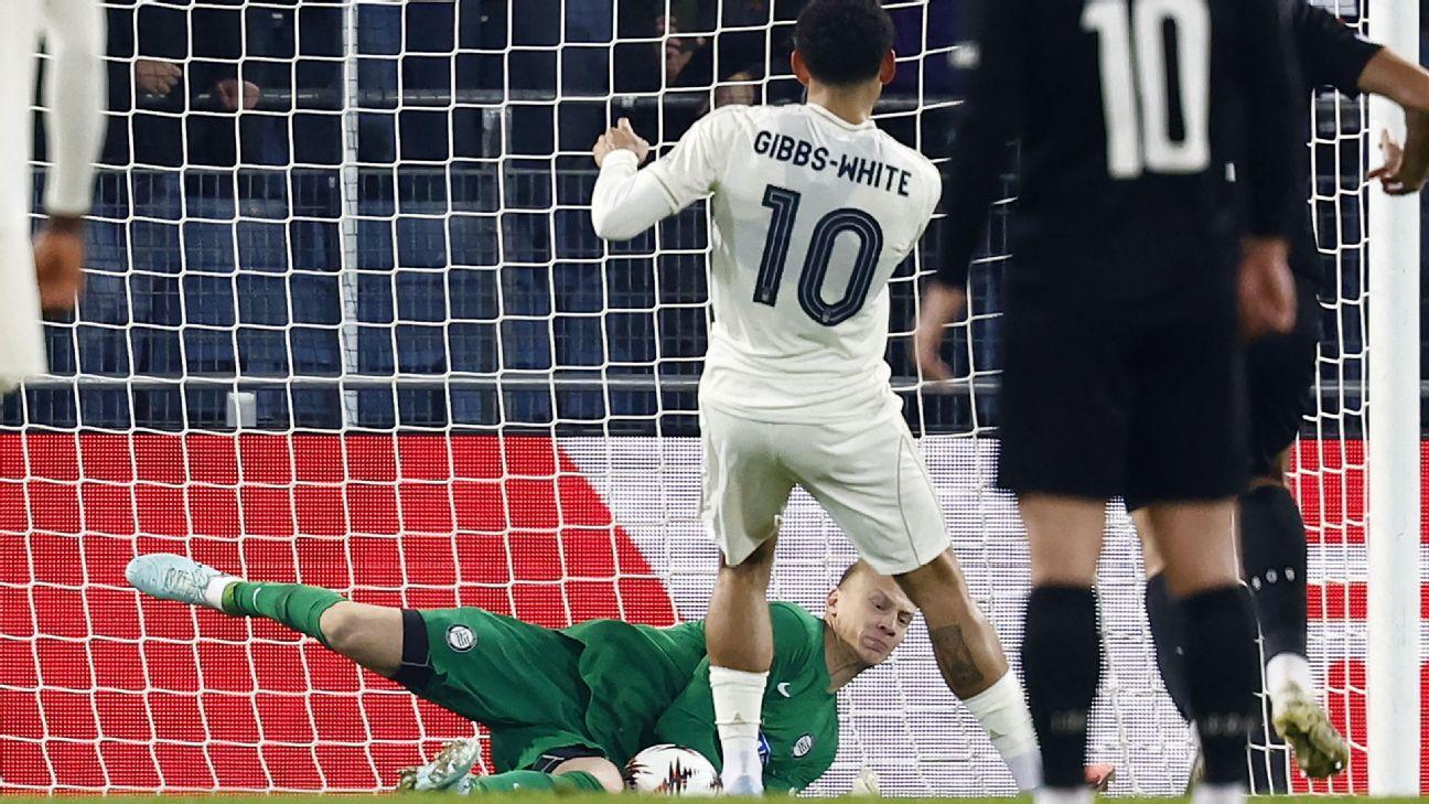 Morgan Gibbs-White had his penalty saved by Oliver Christensen in Nottingham Forest's draw with Sturm Graz.