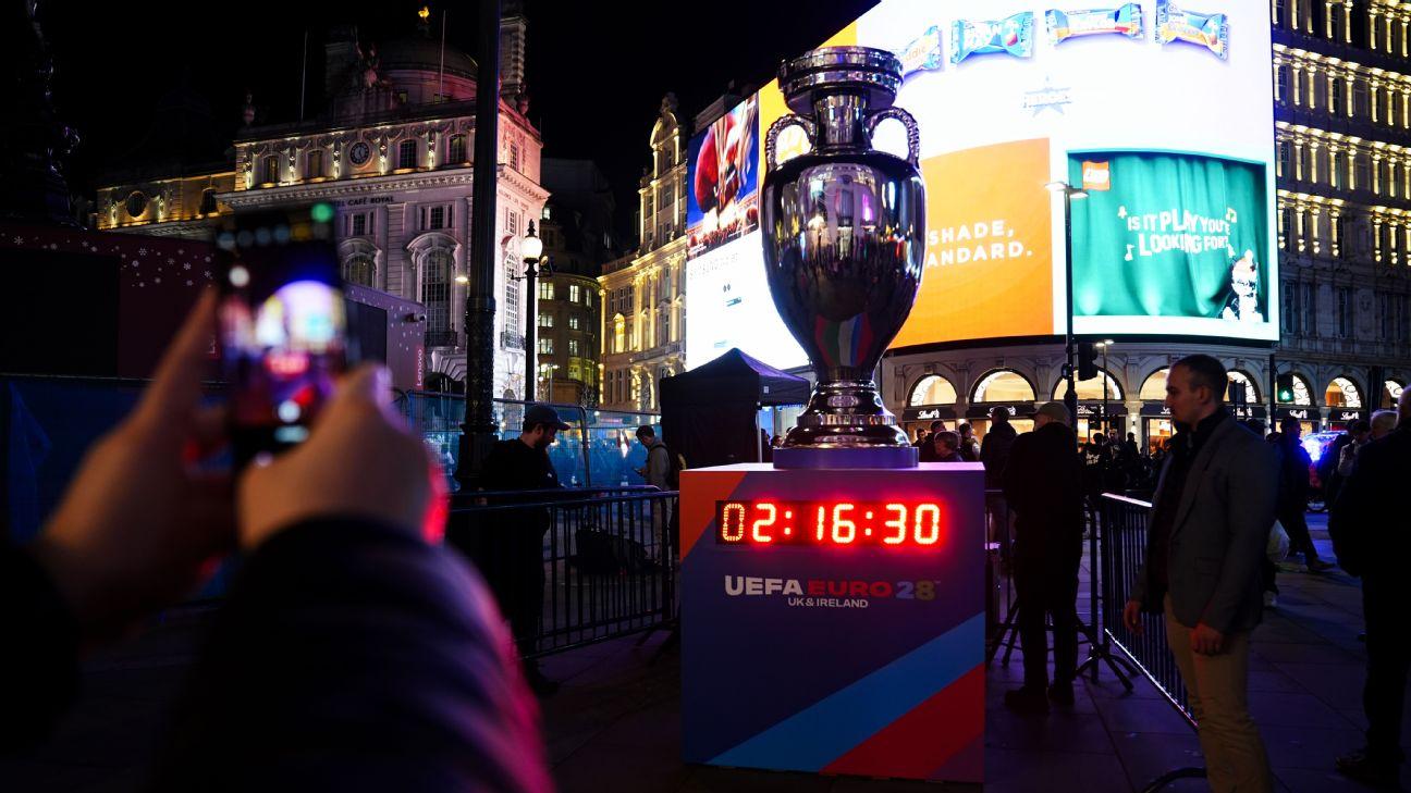 A general view of a replica trophy and countdown clock, Piccadilly Circus, London, ahead of the UEFA EURO 2028 launch. UEFA EURO 2028 will take place in the UK and Republic of Ireland.