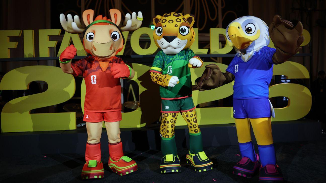 The official World Cup mascots Maple the Moose of Canada, Zayu the Jaguar of Mexico, and Clutch the Bald Eagle of United States.