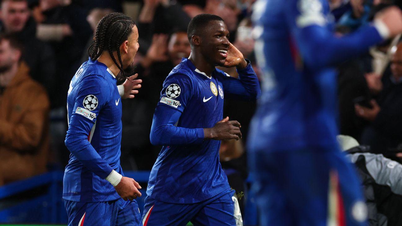 Chelsea players celebrate after scoring a goal against Pafos in the Champions League.
