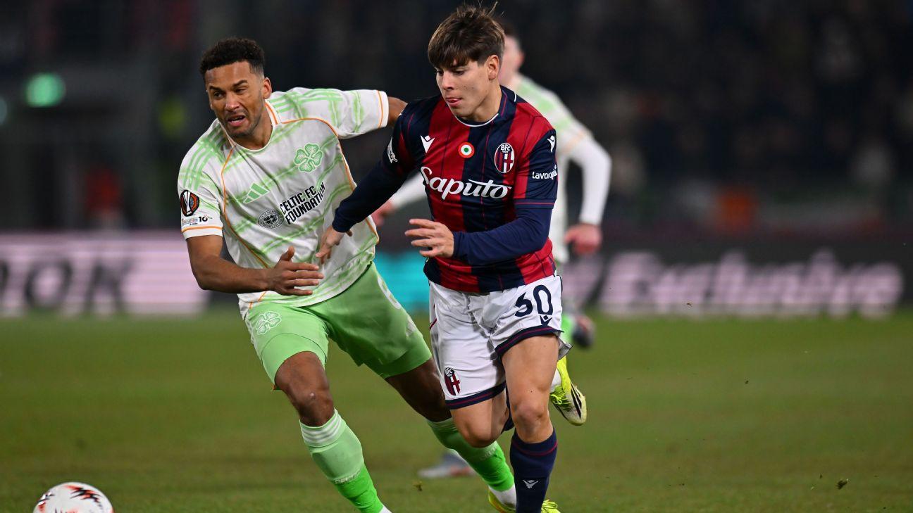 Celtic's Auston Trusty competes for the ball with Benjamín Domínguez of Bologna during the sides' 2-2 draw.