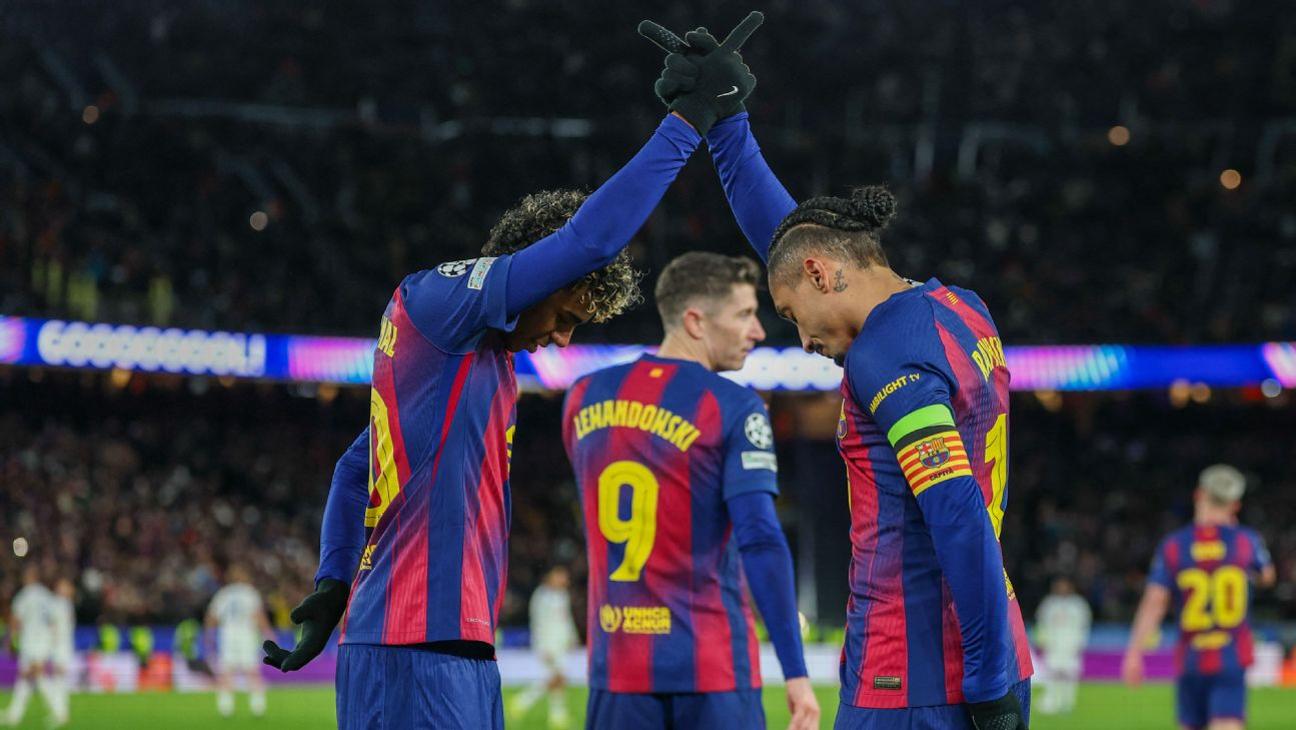 Barcelona players celebrate after scoring a goal against Copenhagen in the Champions League.