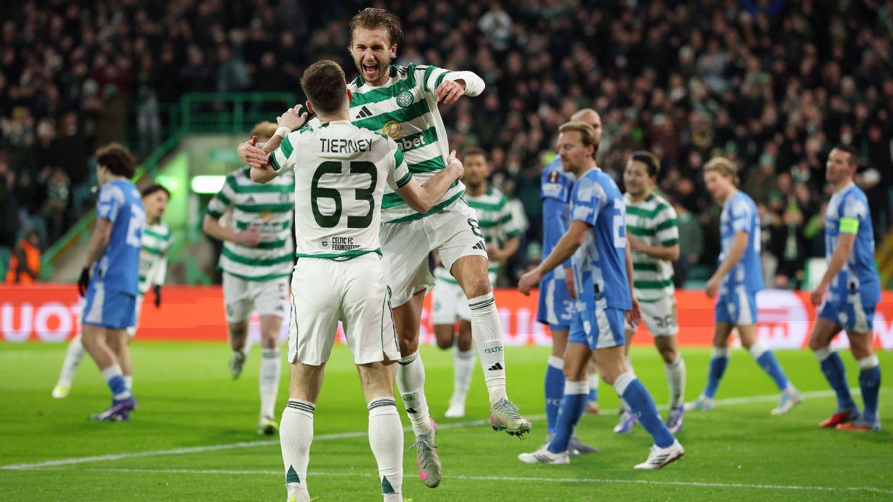 Benjamin Nygren celebrates scoring Celtic's first goal from the penalty spot.