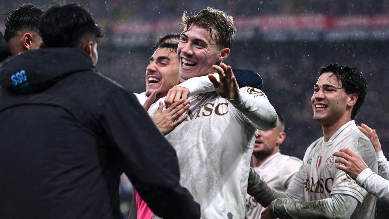 Rasmus Hojlund of Napoli celebrates his goal during the Serie A match between Genoa CFC and SSC Napoli at Luigi Ferraris Stadium on February 07, 2026 in Genoa, Italy.