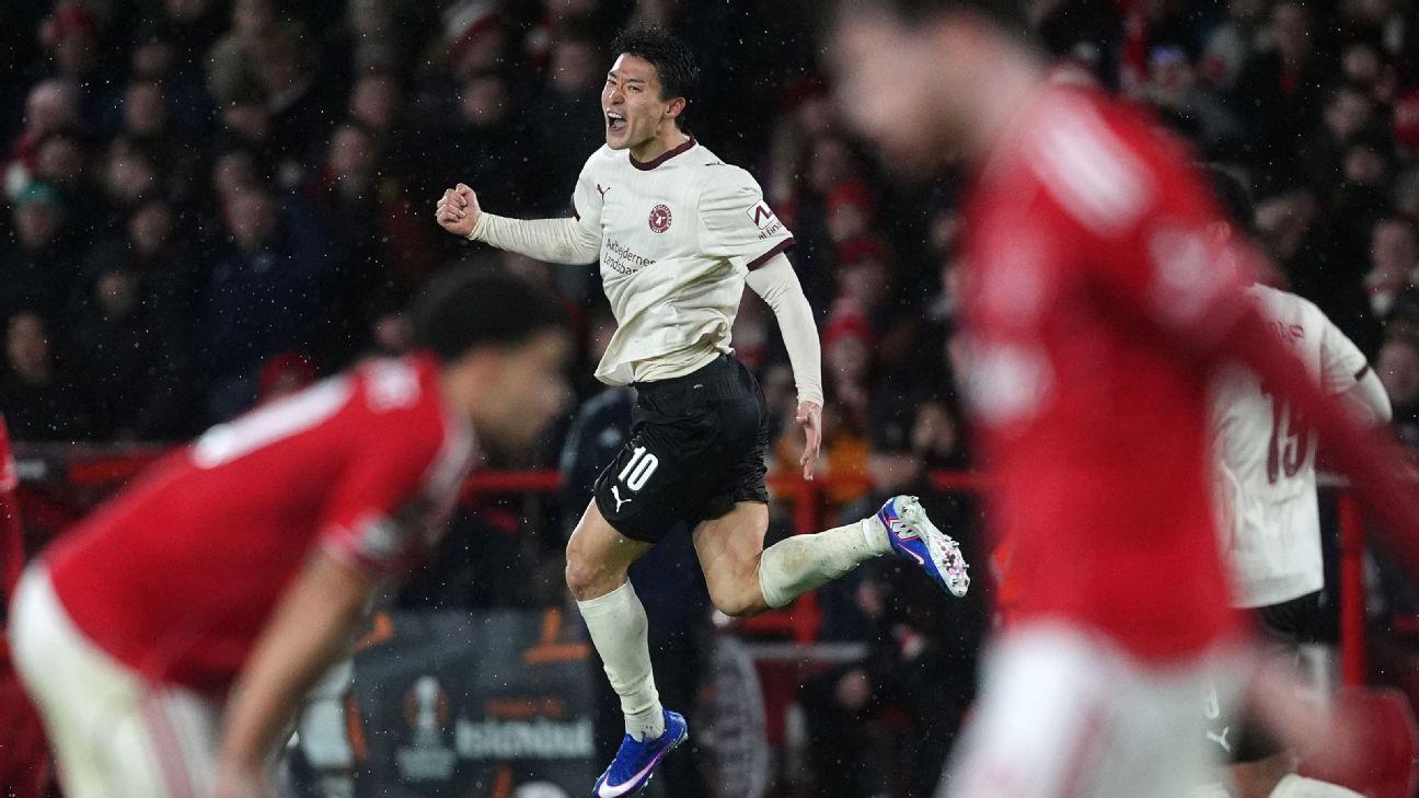 Cho Gue-Sung celebrates after scoring a goal for Midtjylland against Nottingham Forest in the Europa League.