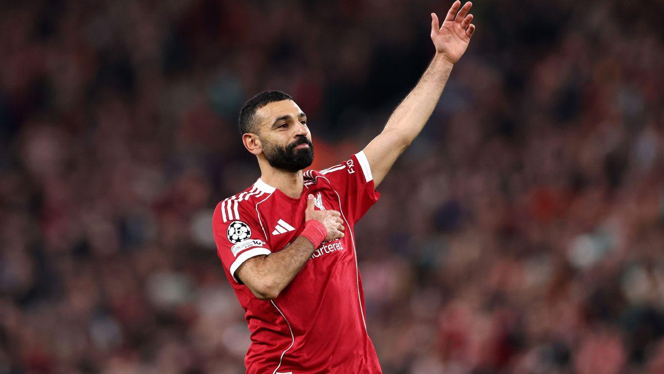 Mohamed Salah celebrates after scoring his 50th Champions League goal in Liverpool's win over Galatasaray.