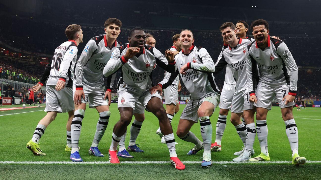 Youssouf Fofana celebrates with Christian Pulisic and other Milan teammates after his goal against Torino.