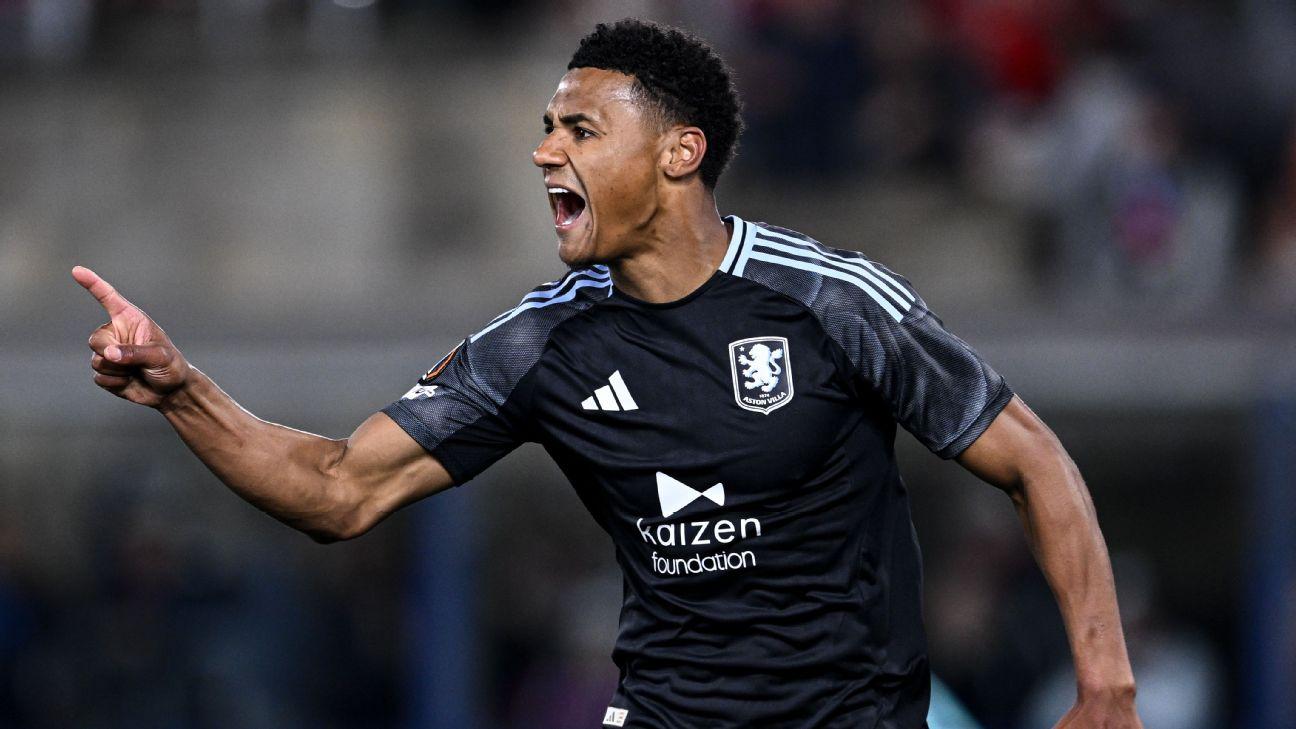 Ollie Watkins of Aston Villa celebrates his first goal against Bologna.