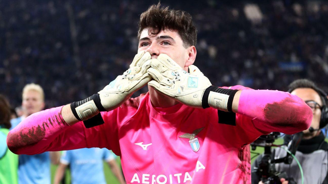 Edoardo Motta celebrates after his four penalty saves gave Lazio victory over Atalanta.