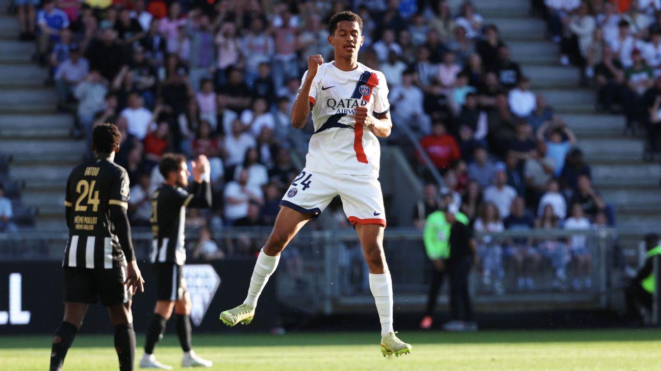 Senny Mayulu celebrates scoring PSG's first goal in their 3-0 win over Angers.