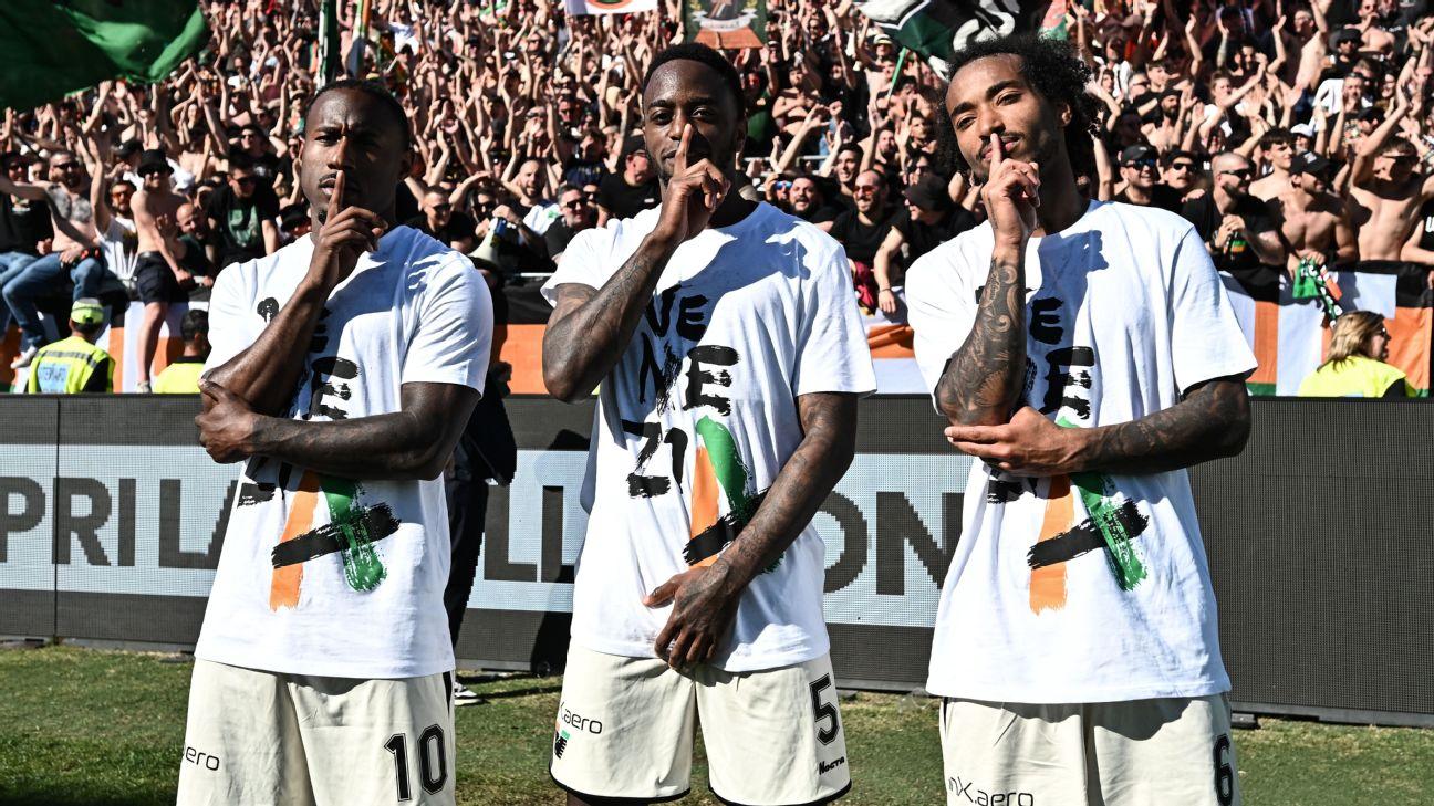 Gianluca Busio (right) celebrates Venezia's promotion alongside John Yeboah (left) and Ridgeciano Haps.