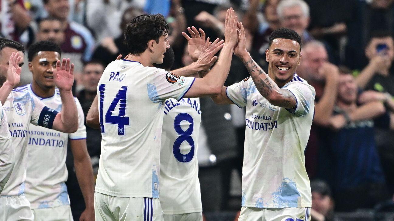 Aston Villa players celebrate after scoring a goal during their win over Freiburg in the Europa League final.