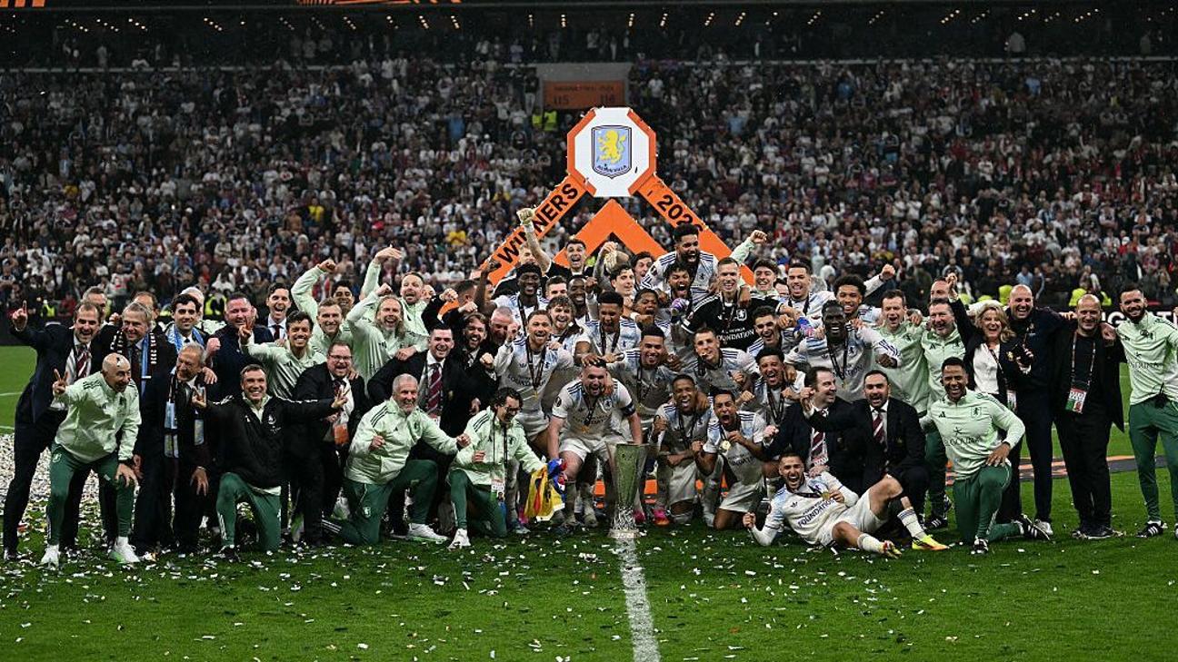 Aston Villa players celebrate after winning the Europa League final.
