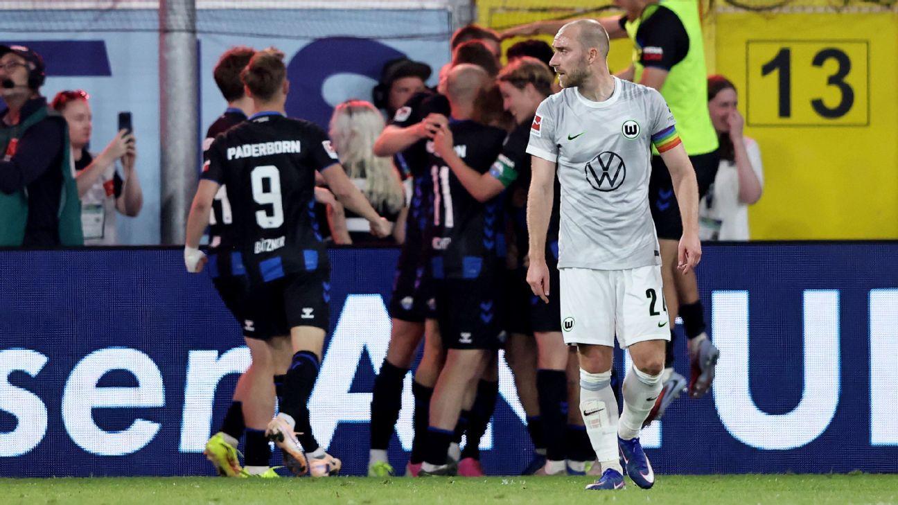 Paderborn players celebrate after scoring a goal against Wolfsburg in the Bundesliga promotion/relegation playoff.
