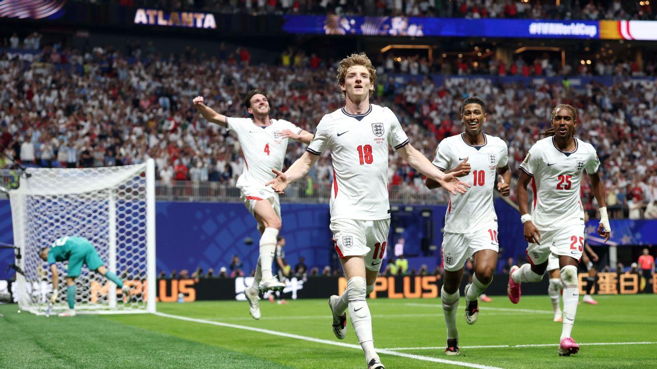Anthony Gordon celebrates putting England into the lead.