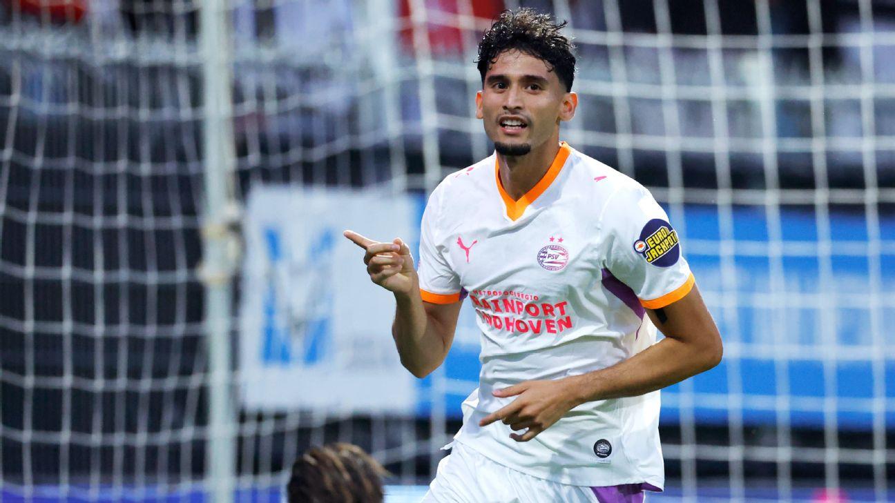Ricardo Pepi celebrates after putting PSV Eindhoven in front against Excelsior.