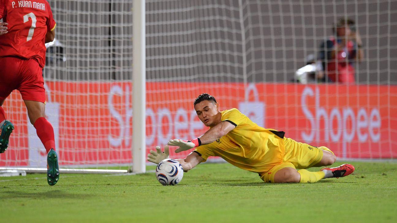 Vietnam goalkeeper LĂȘ Giang Patrik made three outstanding saves to help preserve his team's 2-0 win over Thailand in the first leg of the 2026 ASEAN Championship final at Rajamangala Stadium on Saturday.