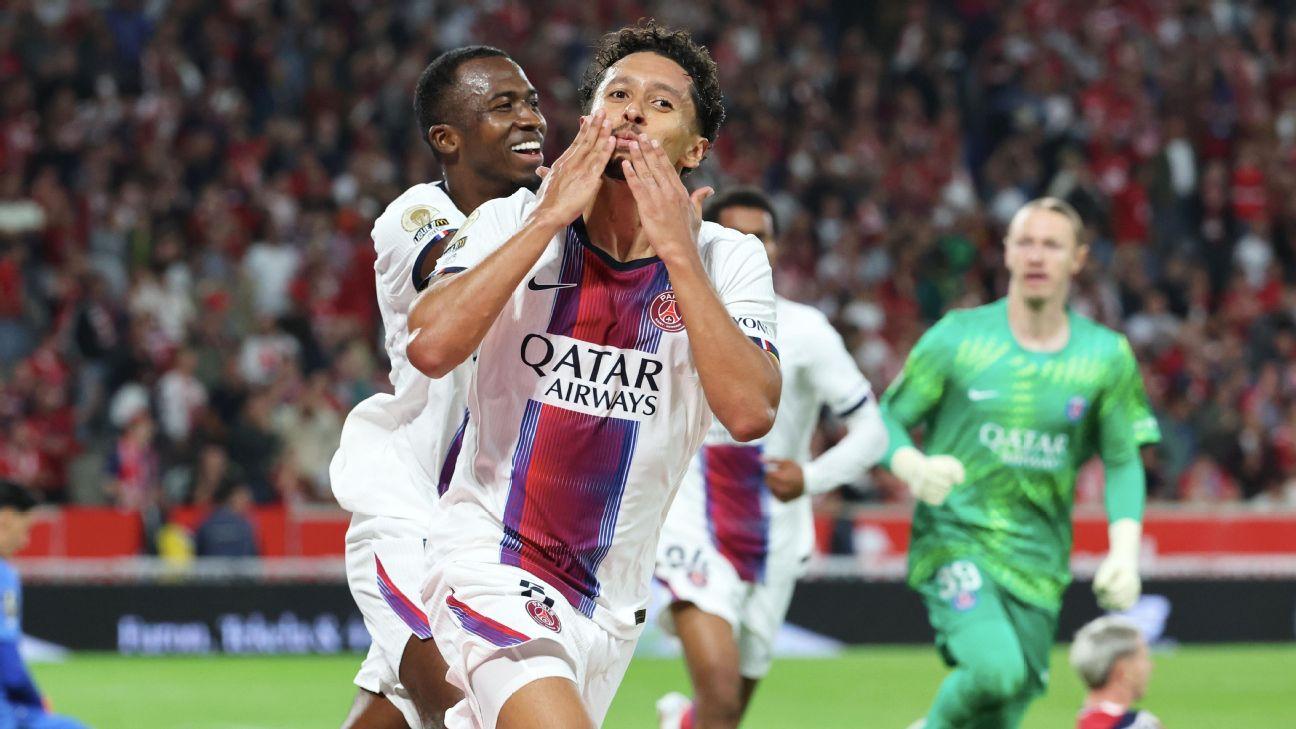 Marquinhos celebrates scoring PSG's late equalizer against Lille.