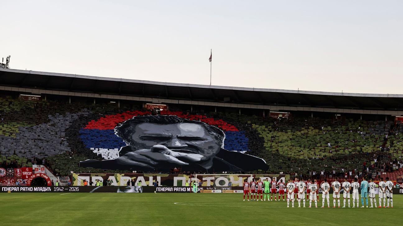 The tifo of Ratko Mladic was displayed before and during Red Star Belgrade's game against Partisan Belgrade.