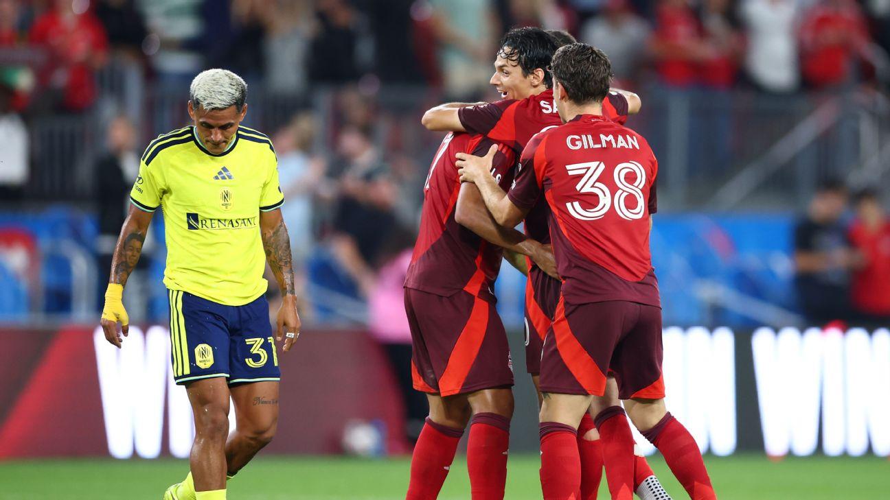 Toronto players celebrate after scoring a goal against Nashville in MLS.