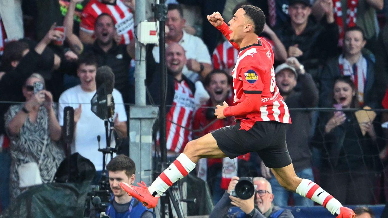 Sergiño Dest celebrates after scoring PSV Eindhoven's equalizer against Shakhtar Donetsk.
