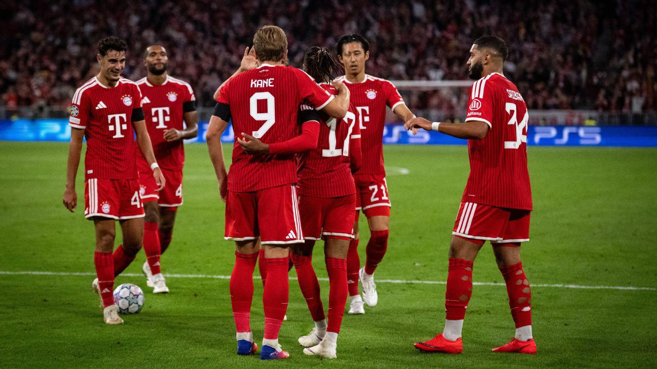 Bayern Munich players celebrate after scoring a goal against Bodo/Glimt in the Champions League.