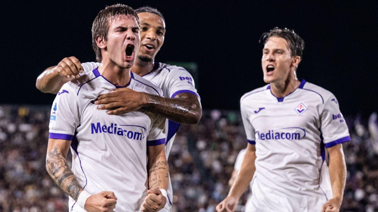 Franco Mastantuono celebrates after scoring in Fiorentina's win over Venezia.