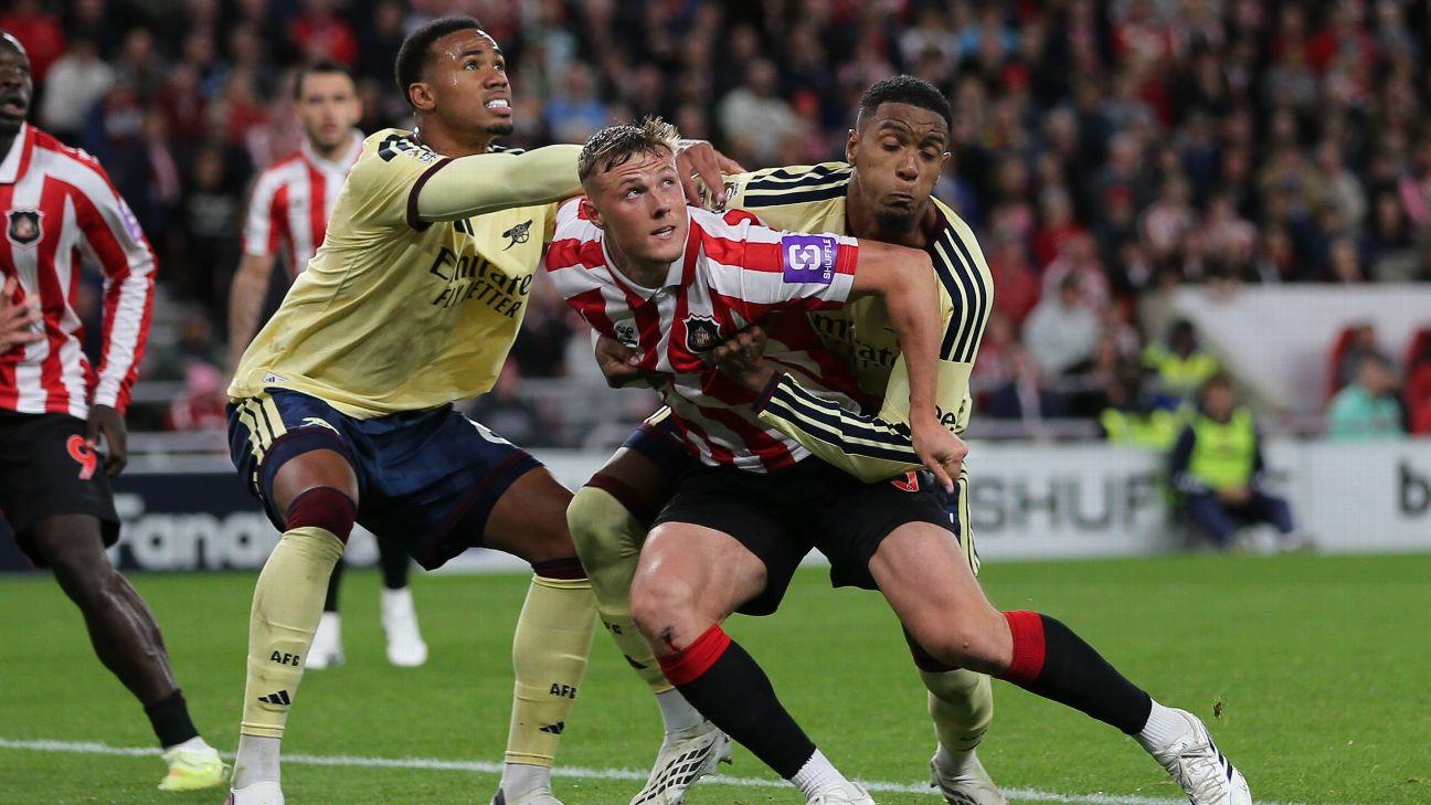 Arsenal defender Ezri Konsa was adjudged to have fouled Daniel Ballard in the box.