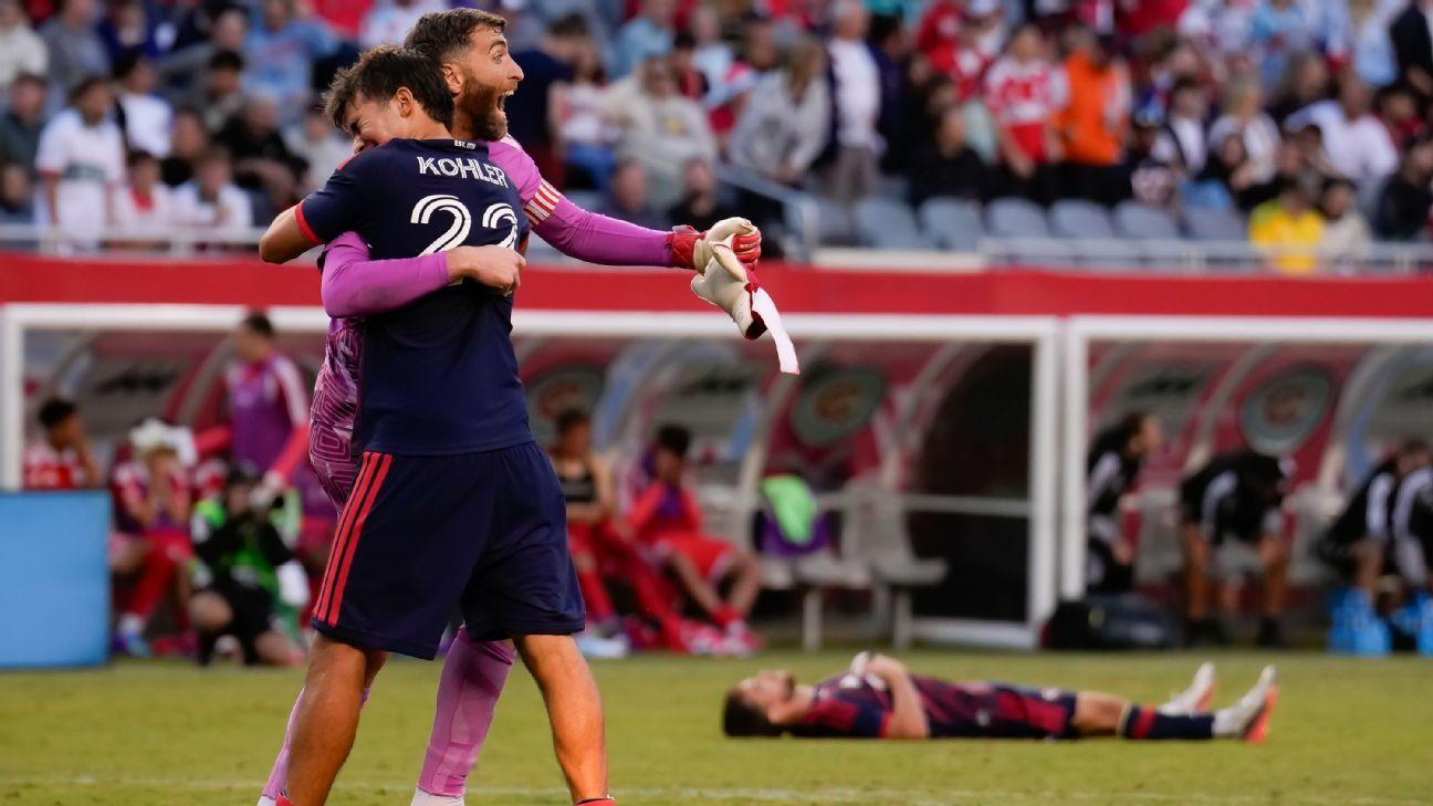 Revs goalkeeper Matt Turner celebrates after a win over the Chicago Fire in MLS.