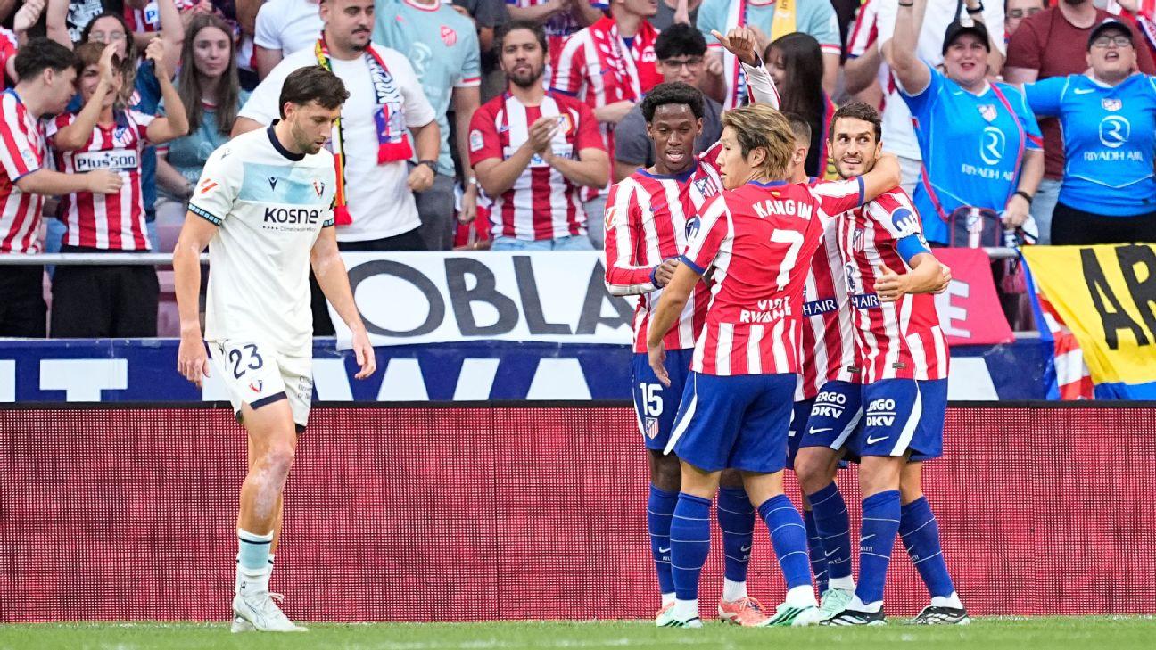 Atleti players celebrate after a Jonathan David goal against Osasuna in LaLiga.