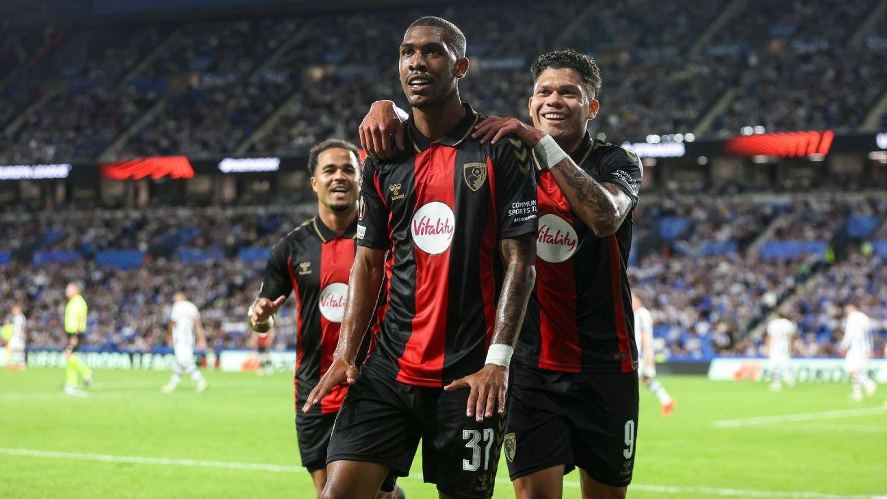 Rayan celebrates with Justin Kluivert after scoring Bournemouth's second goal.